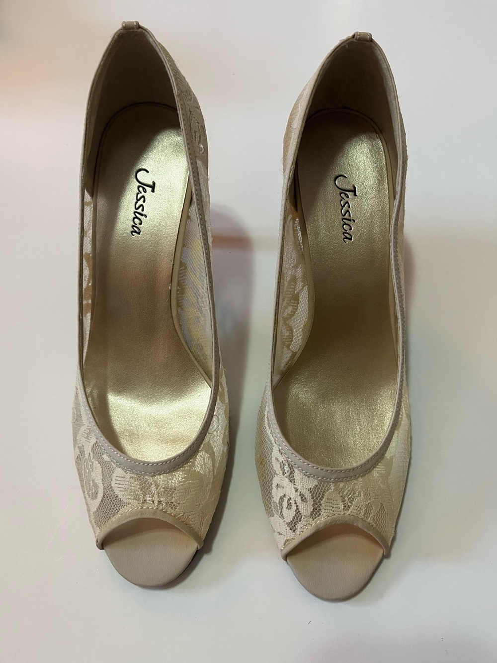 Jessica Cream Lace Peep-Toe Heels